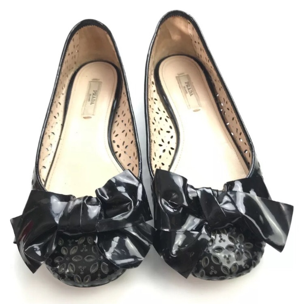 Prada Cipria Eyelet perforated patent  bow flats